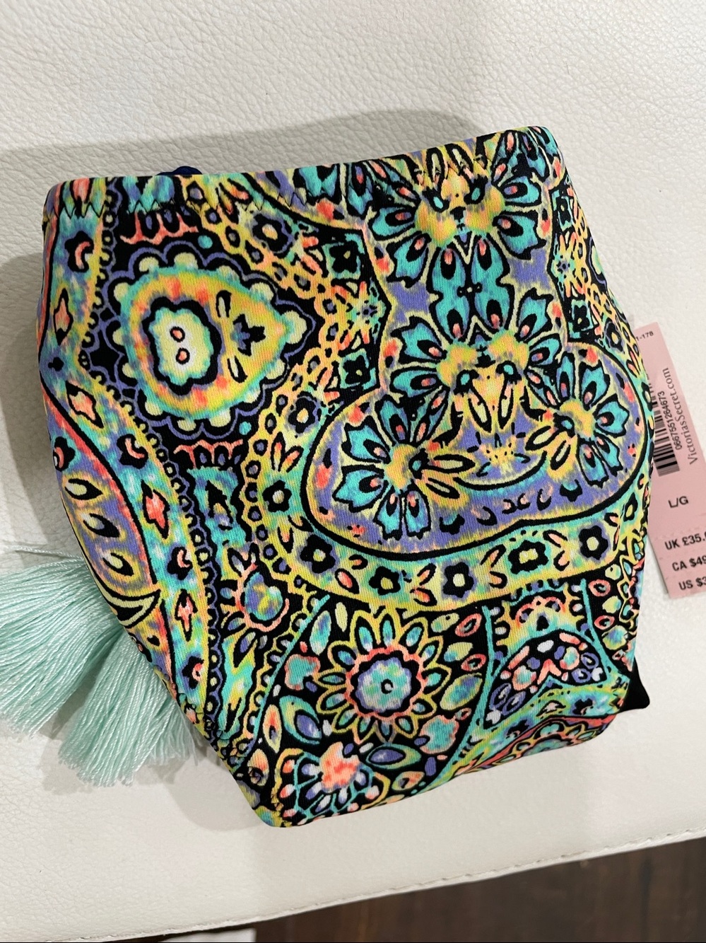 Victoria’s Secret L green blue aqua patterned bikini bottom NWT tassel ties - Picture 11 of 11